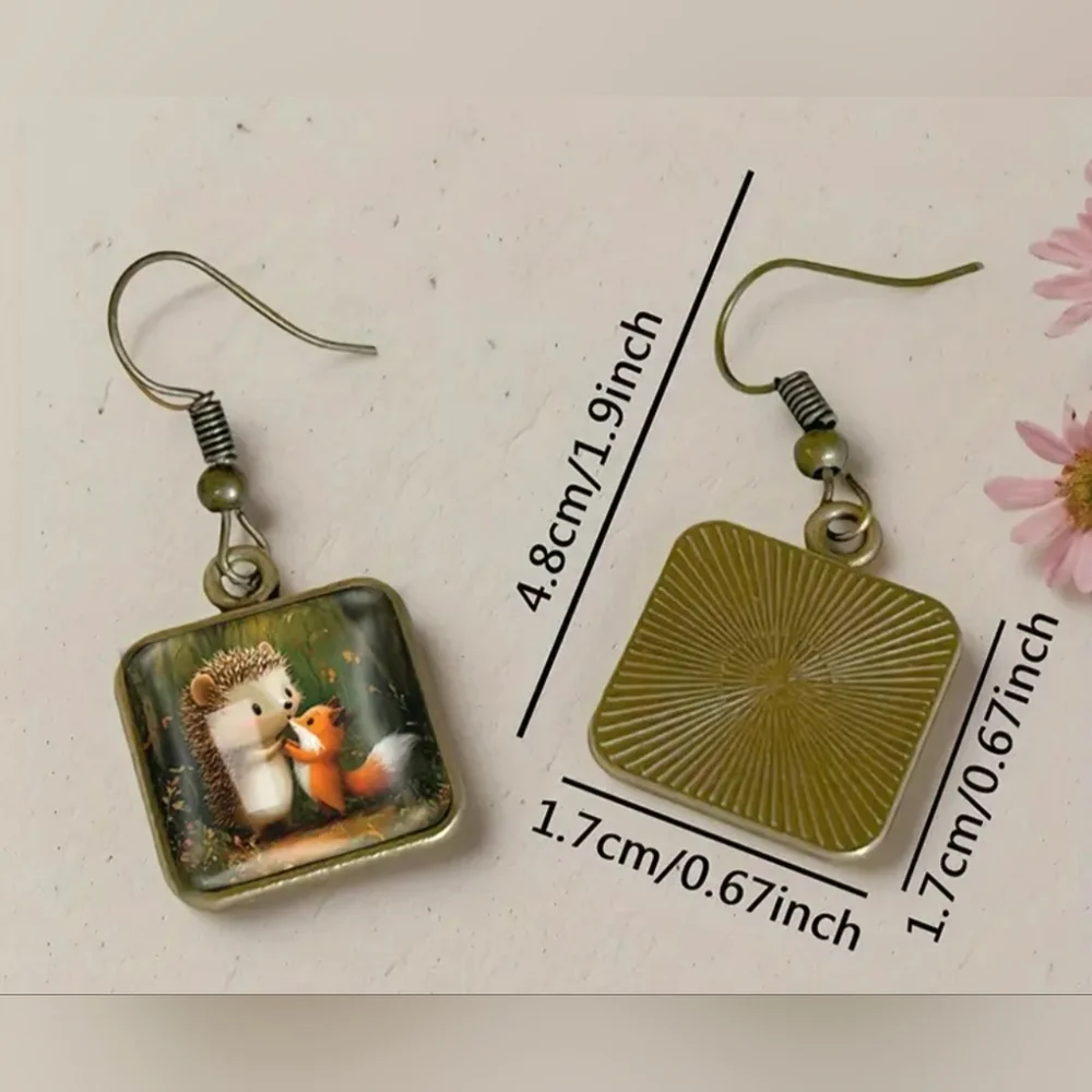 hedgehog fox earrings animal print square crystal glass‎ dangle